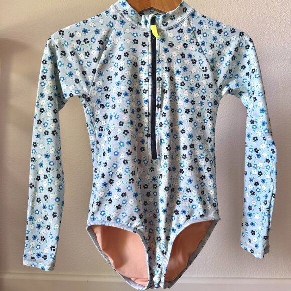 JCREW CREW CUTS SIZE 10 LONG SLEEVE RASH GAURD ONE PIECE SWIMSUIT BLUE FLORAL - Picture 1 of 12